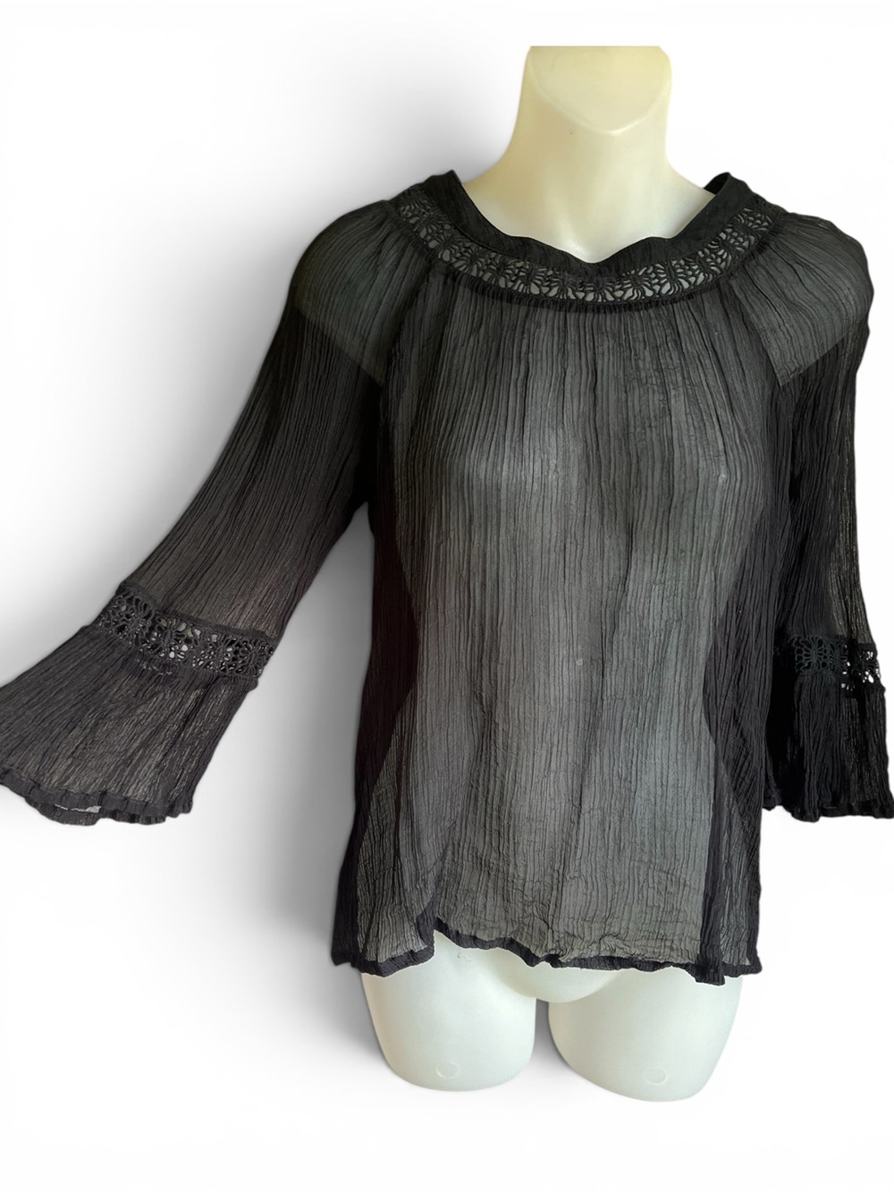 Kimchi‎ Blue S/M Black Sheer Bell Sleeve Crochet Details Dark Romantic Witchy